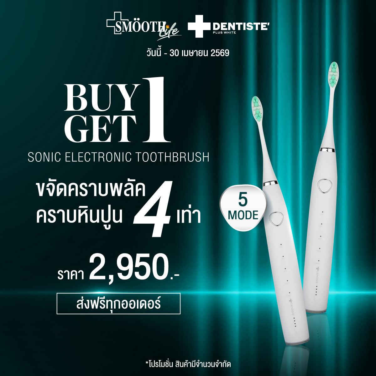 [1 Free 1] Sonic Electronic Toothbrush (5 Mode)